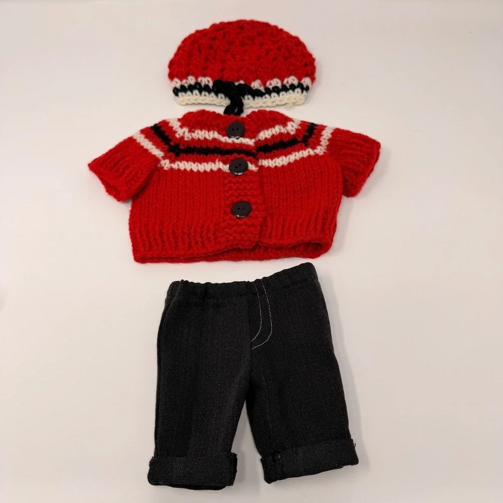 Hand-Knit Doll Outfit: Red Sweater, Beanie, Denim Pants Fits 18
